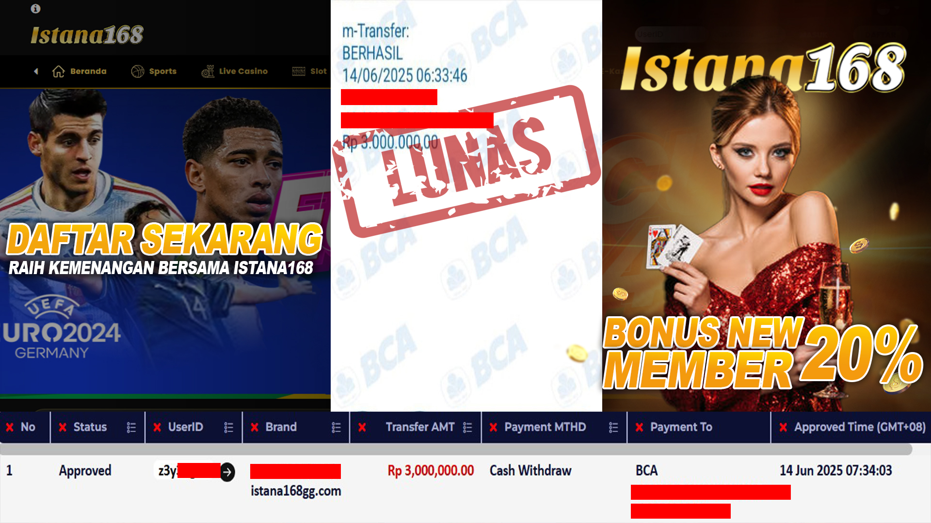 BUKTI KEMENANGAN WD MEMBER ISTANA168 IDR 3.000.000