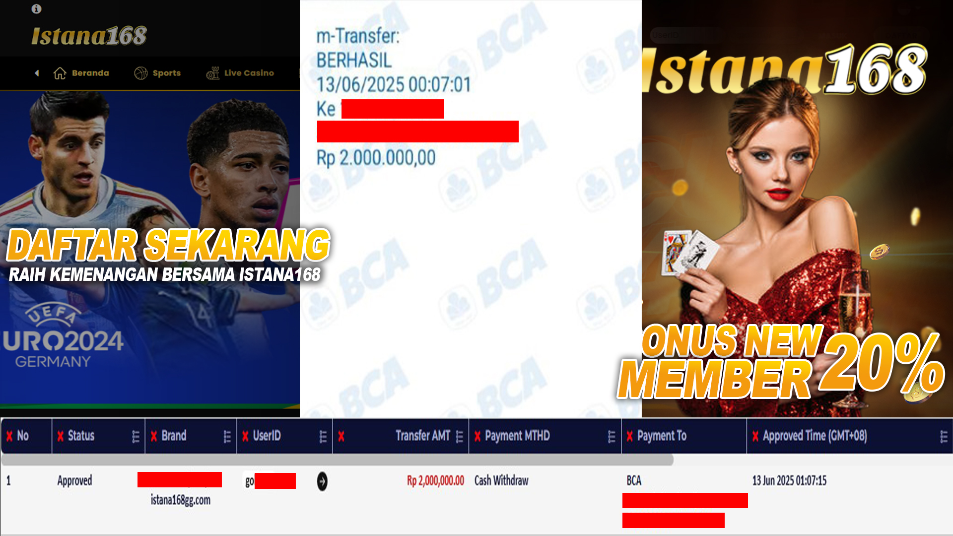 BUKTI KEMENANGAN WD MEMBER ISTANA168 IDR 2.000.000