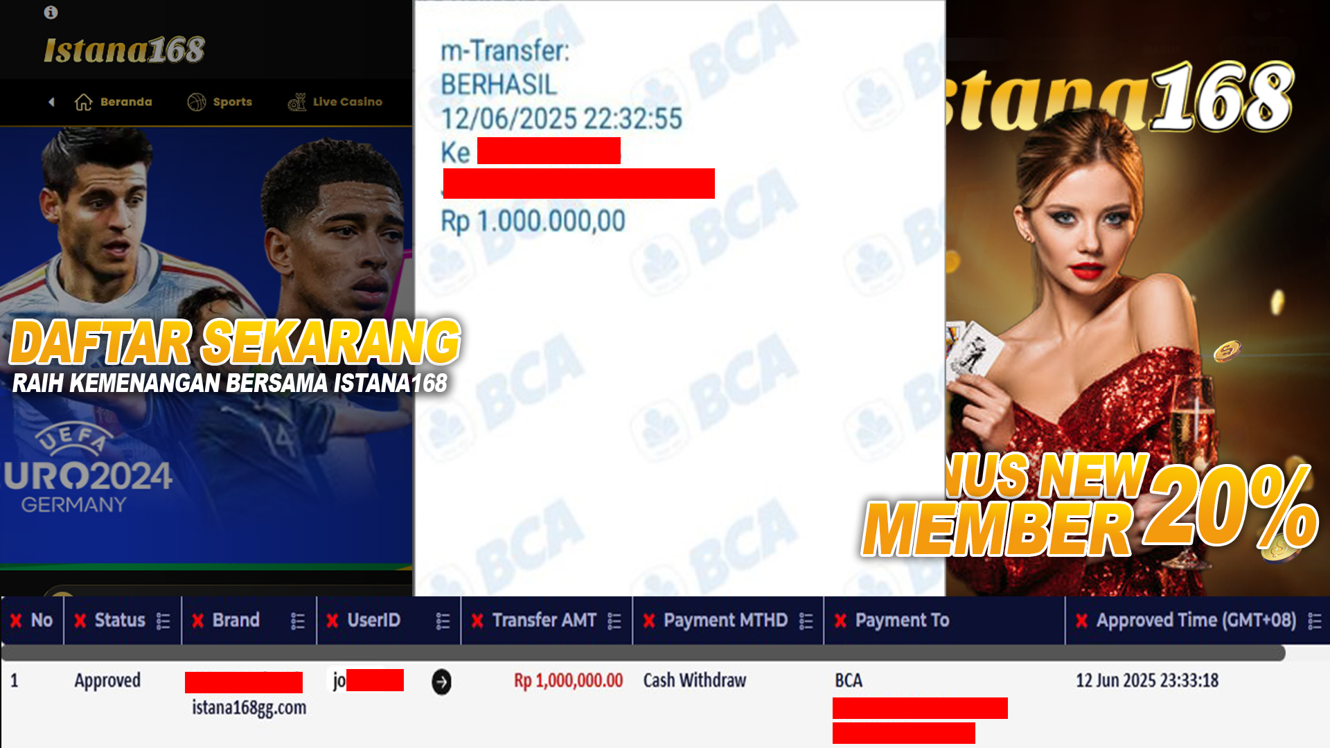 BUKTI KEMENANGAN WD MEMBER ISTANA168 IDR 1.000.000
