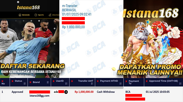 BUKTI KEMENANGAN WD MEMBER ISTANA168 IDR 1.000.000