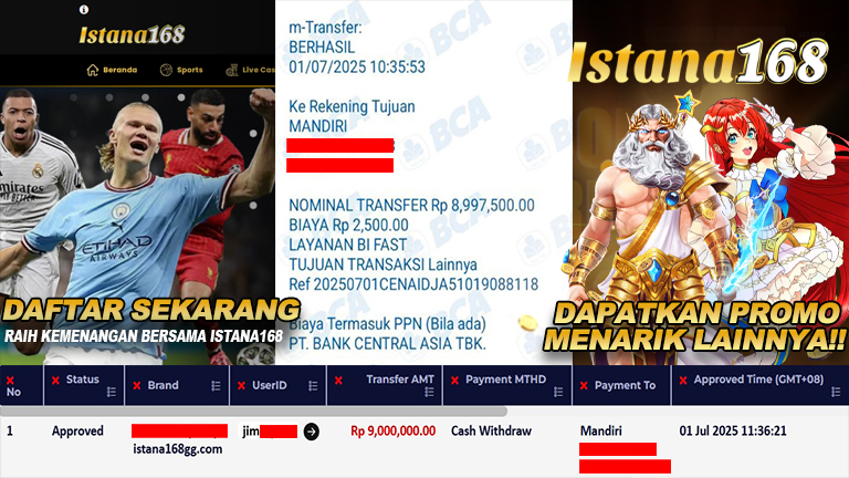 BUKTI KEMENANGAN WD MEMBER ISTANA168 IDR 9.000.000