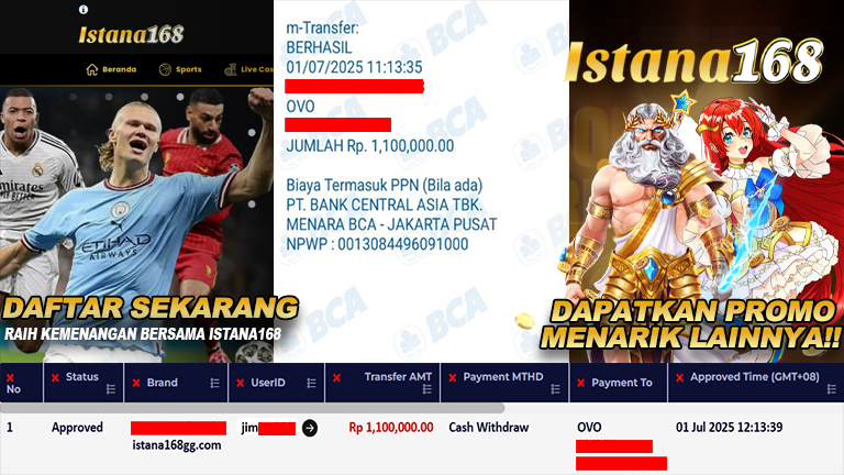 BUKTI KEMENANGAN WD MEMBER ISTANA168 IDR 1.100.000