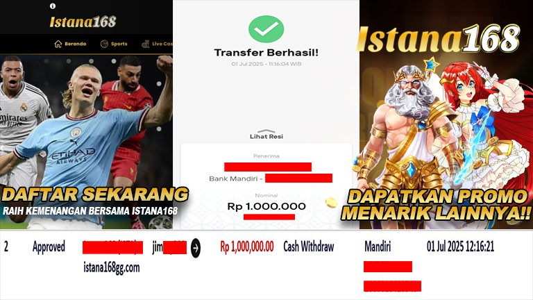BUKTI KEMENANGAN WD MEMBER ISTANA168 IDR 1.000.000